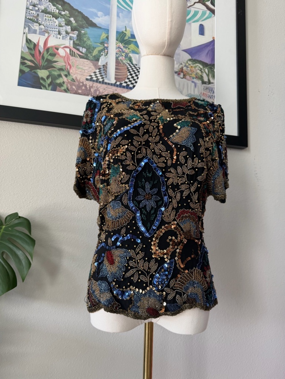 INCREDIBLE Vintage 80s Black Tie 100% Silk Fully Beaded Statement Top Sz Medium - Picture 2 of 11